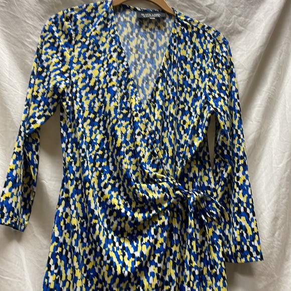 Evan Picone sz 6 slinky stretchy dress blue yellow black and white - Picture 2 of 4